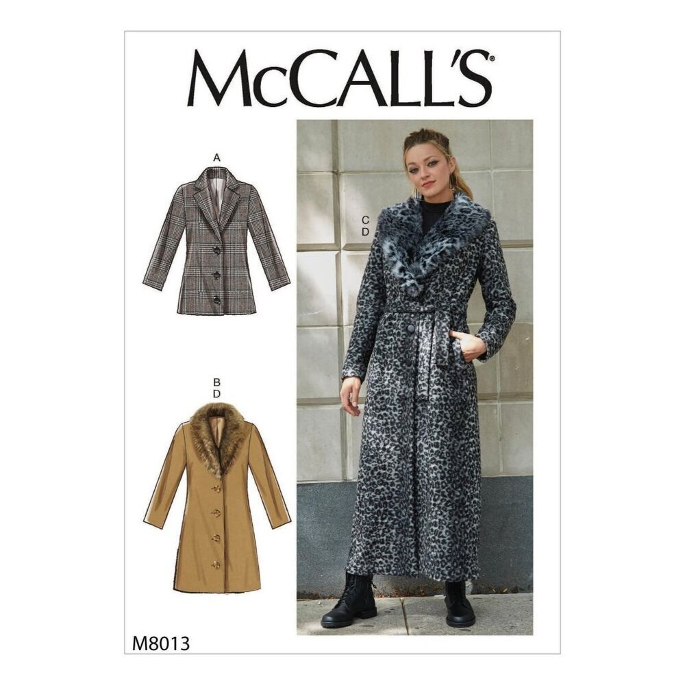 McCalls Sewing Pattern 8013 Coat Jacket Detachable Fur Collar Misses Belt XS-MED